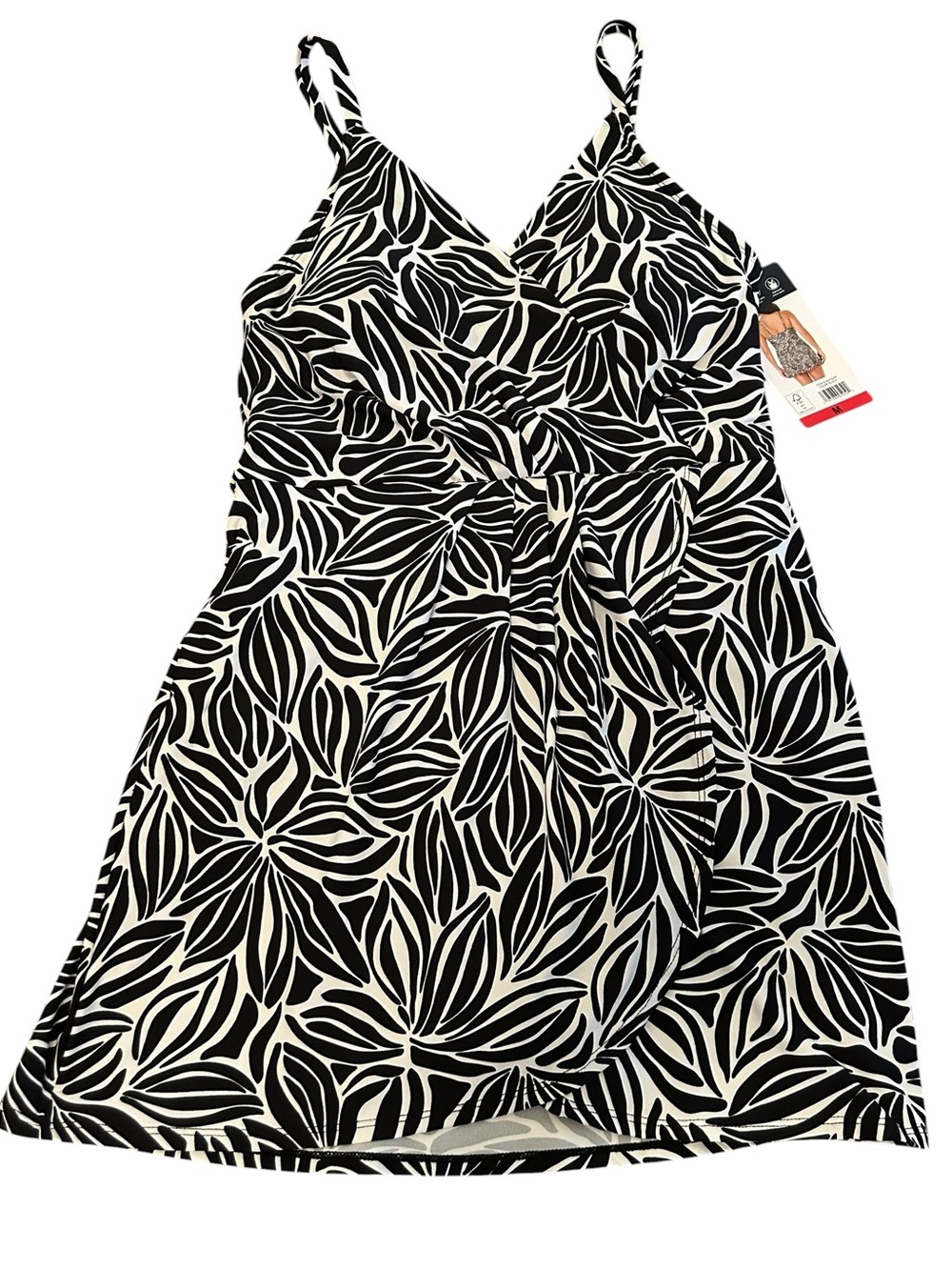 LANDS END Black & White Bathing Suit Swim Dress. Optional Cross Straps UPF 50. M